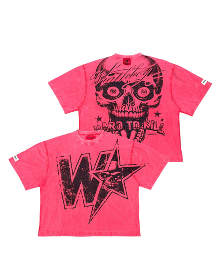 A red wash short-sleeve graphic T-shirt shown from both front and back. The front features a large black distressed star and skull graphic with the letters 'W' and 'A'.