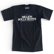 Black t-shirt with white text on a white background