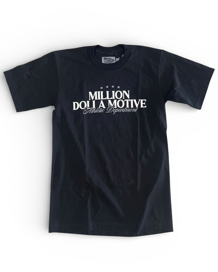 Black t-shirt with white text on a white background