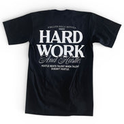 Black t-shirt with white text on a white background