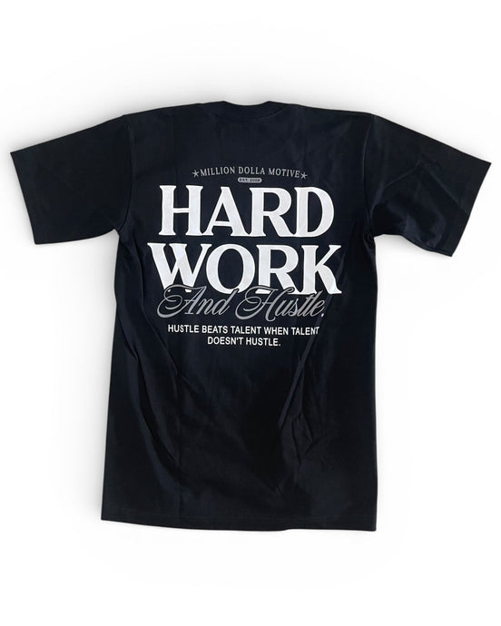 Black t-shirt with white text on a white background
