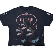 Black t-shirt with graphic design and 'RICHE' text on a white background