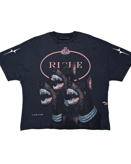 Black t-shirt with graphic design and 'RICHE' text on a white background
