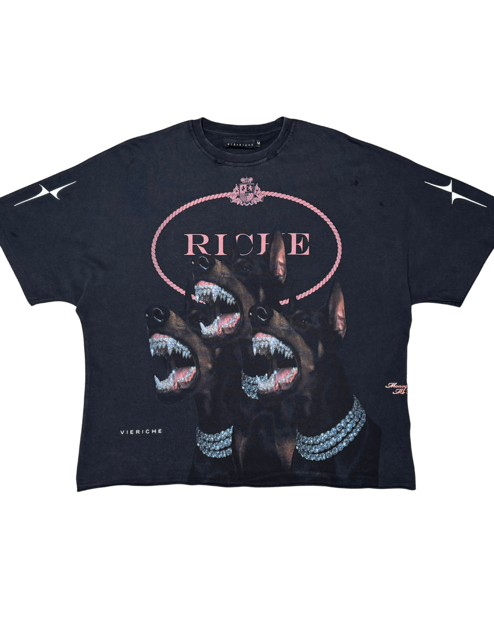 Black t-shirt with graphic design and 'RICHE' text on a white background