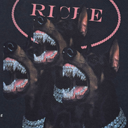 Dog with rhinestone embellishments and 'Riche' text on a dark background