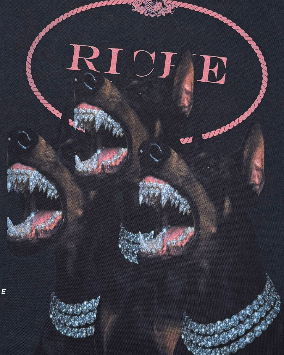 Dog with rhinestone embellishments and 'Riche' text on a dark background