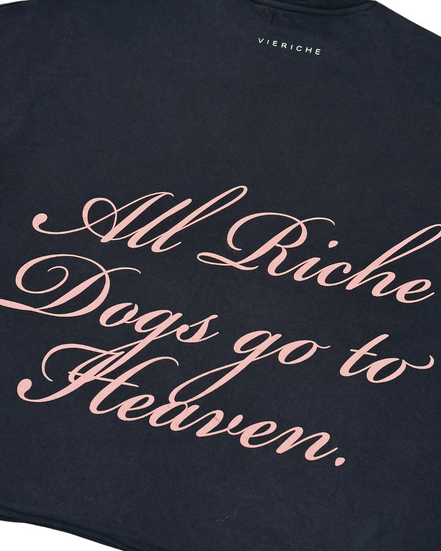 Black t-shirt with pink text 'All Riche Dogs go to Heaven' on a white background