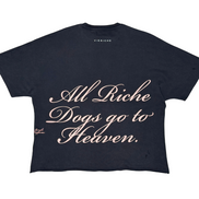 Black t-shirt with text 'All Riche Dogs go to Helvén' on a white background