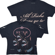 Two black t-shirts with text and graphics on a white background