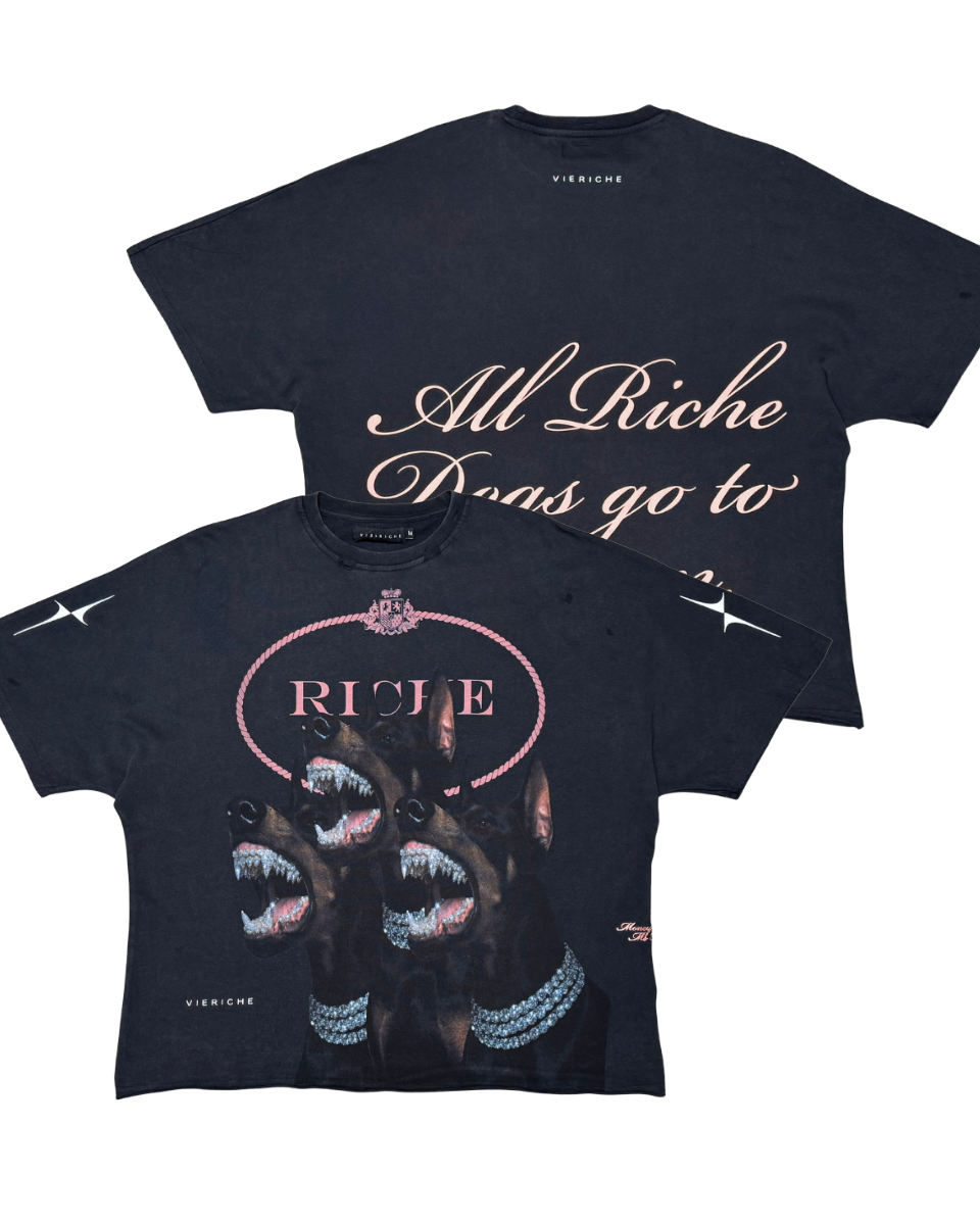 Two black t-shirts with text and graphics on a white background