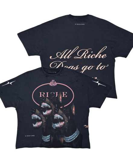 Two black t-shirts with text and graphics on a white background