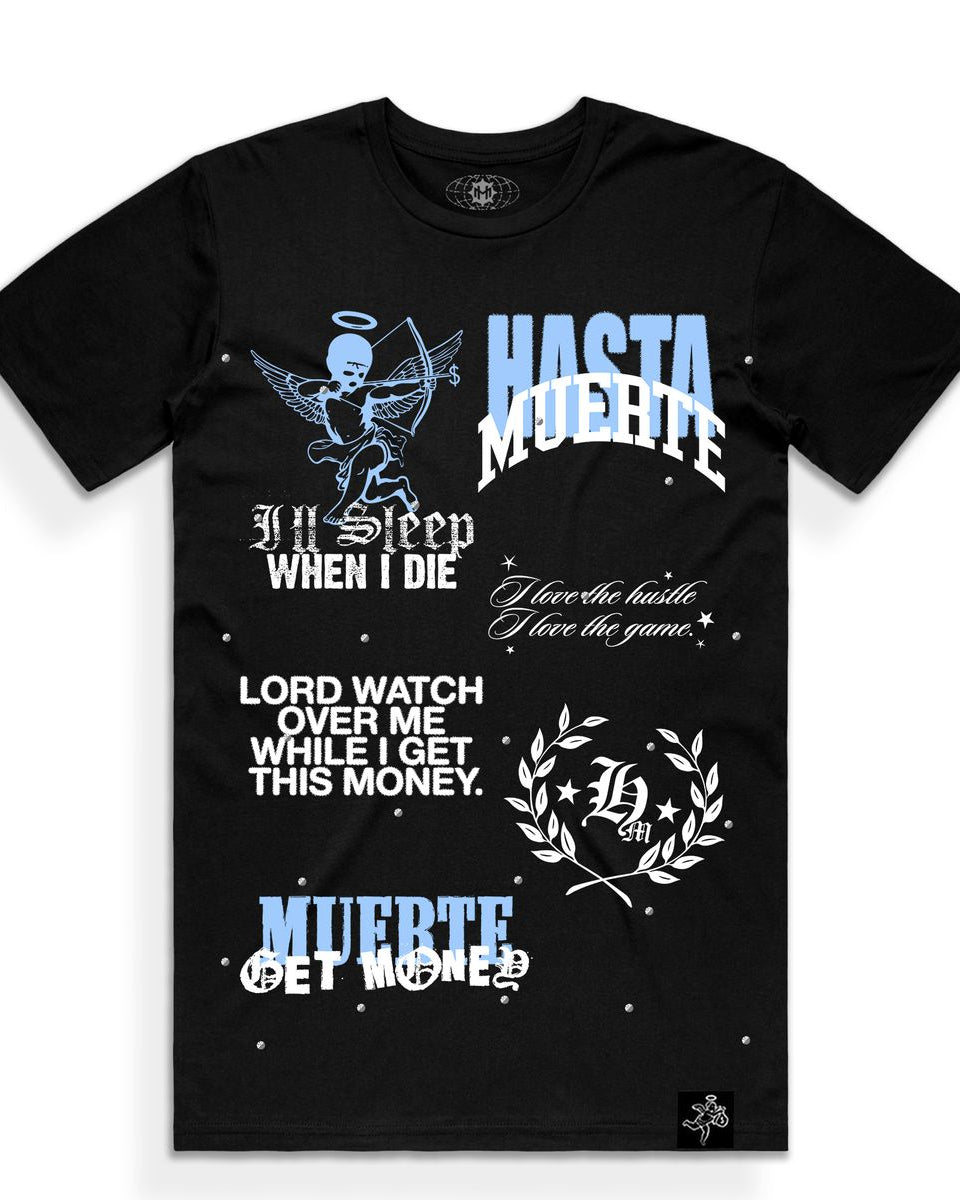 Black t-shirt with white and blue graphics and text on a white background
