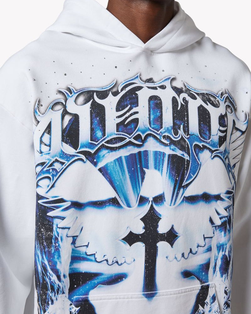 White hoodie with blue and black graphic design on a white background