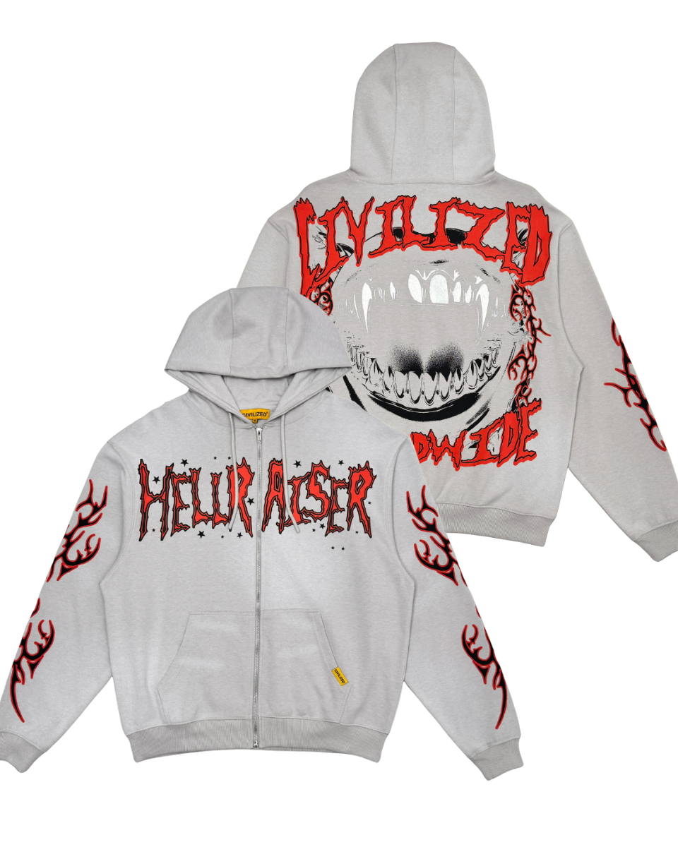 Gray hoodie with red and black graphics on a white background