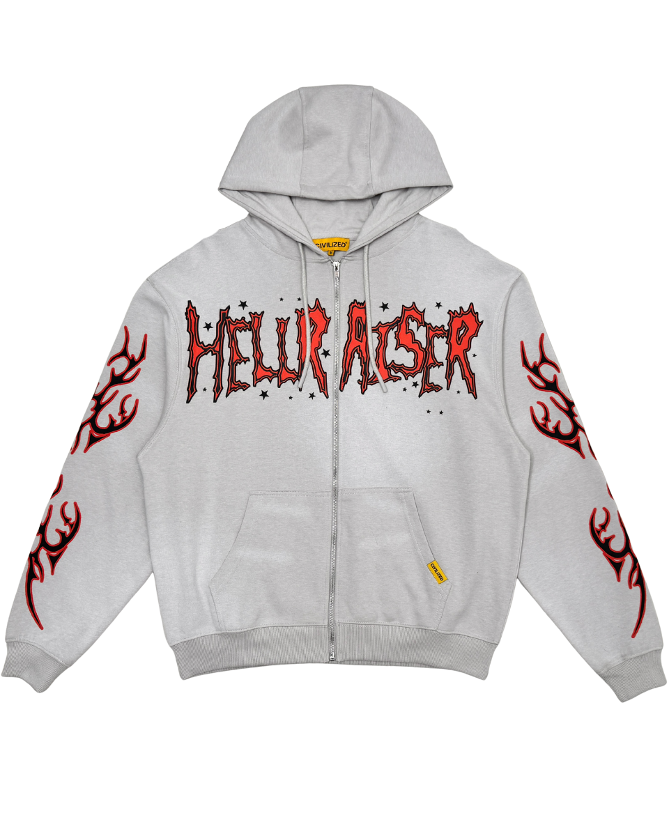 Gray hoodie with red and black text and designs on a white background