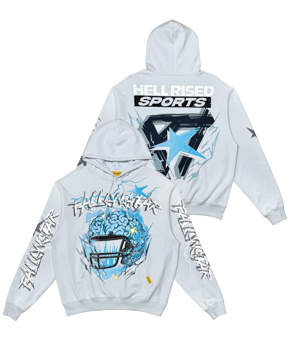 White hoodie with graphic designs and text on a white background