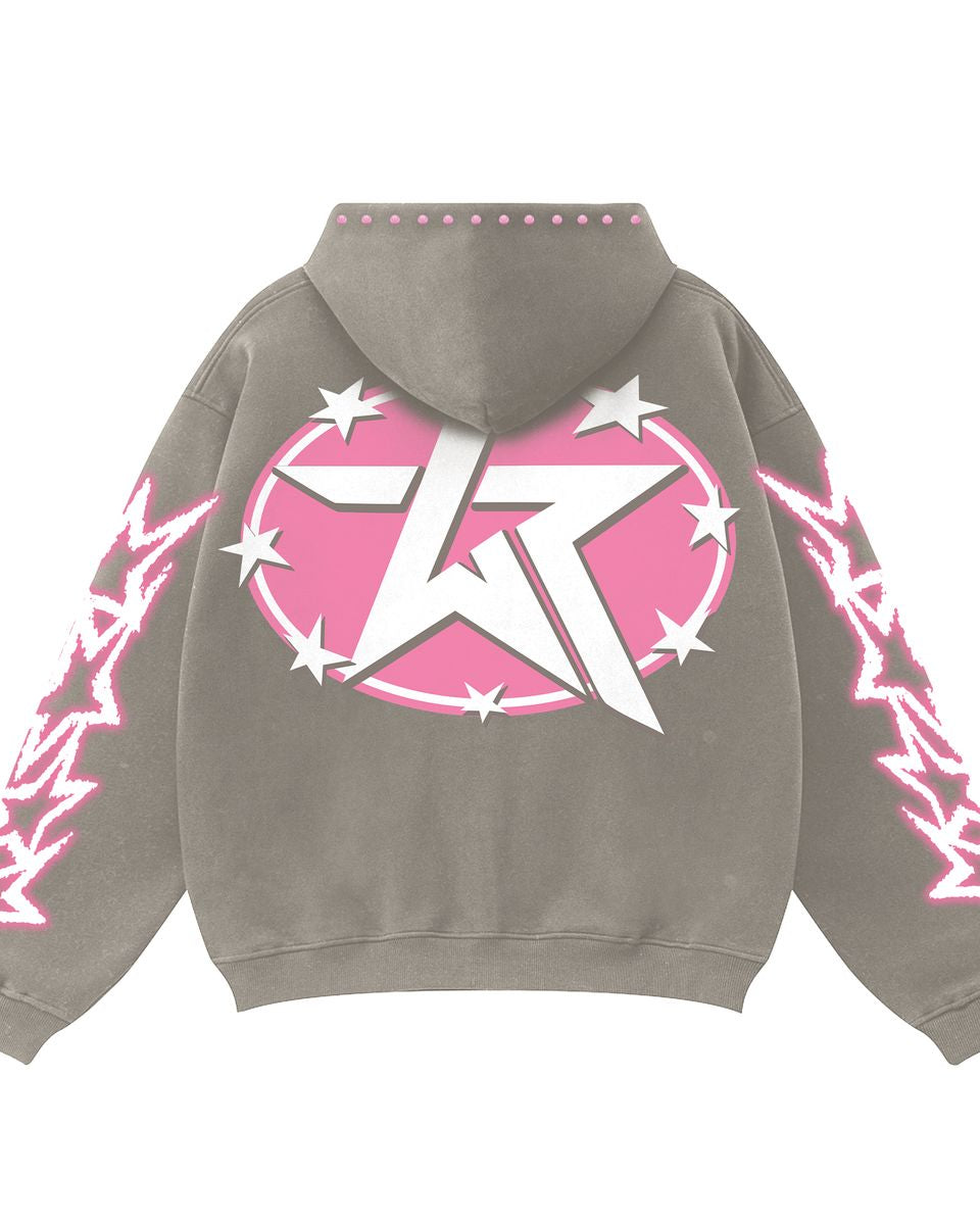 Gray hoodie with pink and white design on the back against a white background