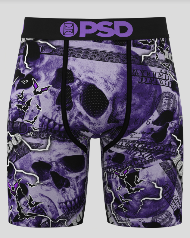 Purple skull-themed underwear with 'PSD' branding on a gray background