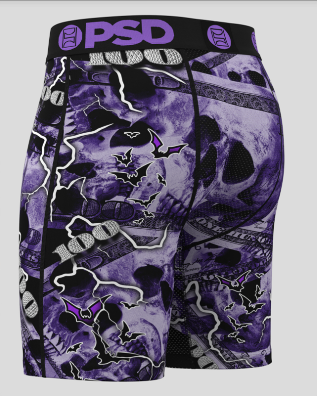 Purple and black patterned boxer briefs with visible branding on a gray background