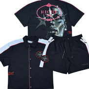Black shirt and shorts set with graphic design and 'Riche' branding on a white background