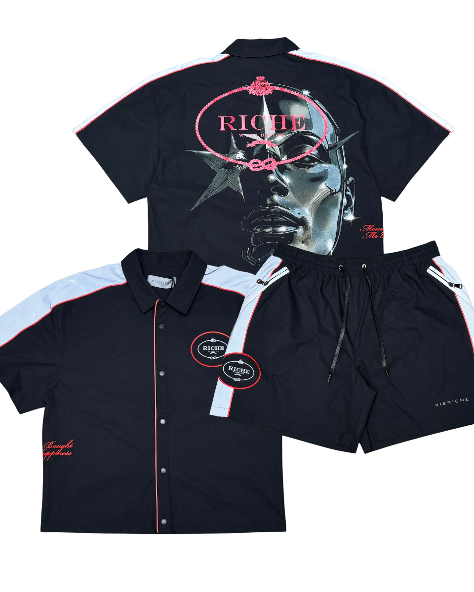 Black shirt and shorts set with graphic design and 'Riche' branding on a white background