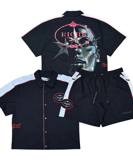 Black shirt and shorts set with graphic design and 'Riche' branding on a white background