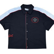 Black shirt with white sleeves and red accents on a white background