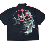 Black shirt with metallic face design and 'RICH' text on a white background