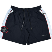 Black shorts with white and red accents on a white background