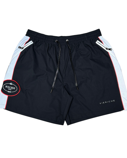 Black shorts with white and red accents on a white background