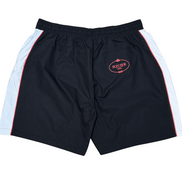 Black shorts with white side panels and a logo on a white background