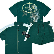 Green shirt and shorts set with 'Riche' branding on a white background