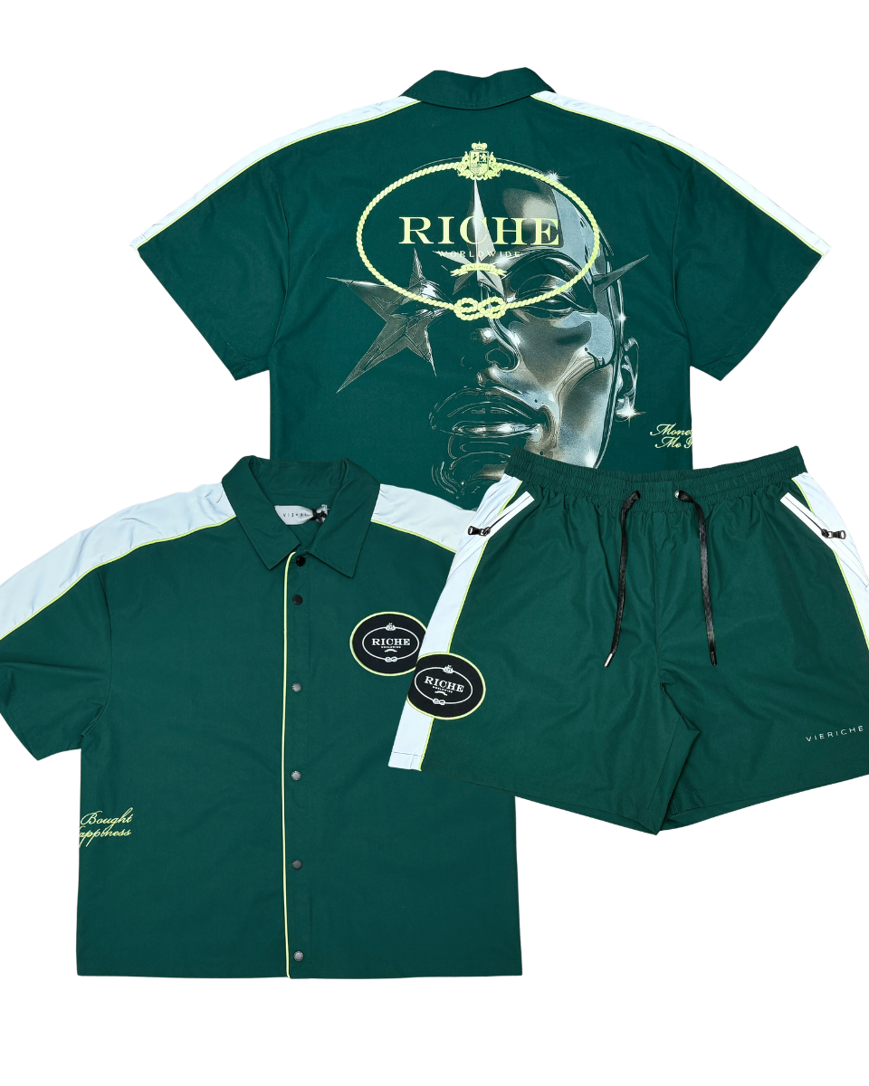 Green shirt and shorts set with 'Riche' branding on a white background