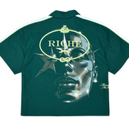 Green shirt with graphic design and 'Riche' branding on a white background