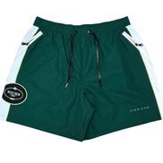 Green shorts with white accents and a visible brand logo on a white background