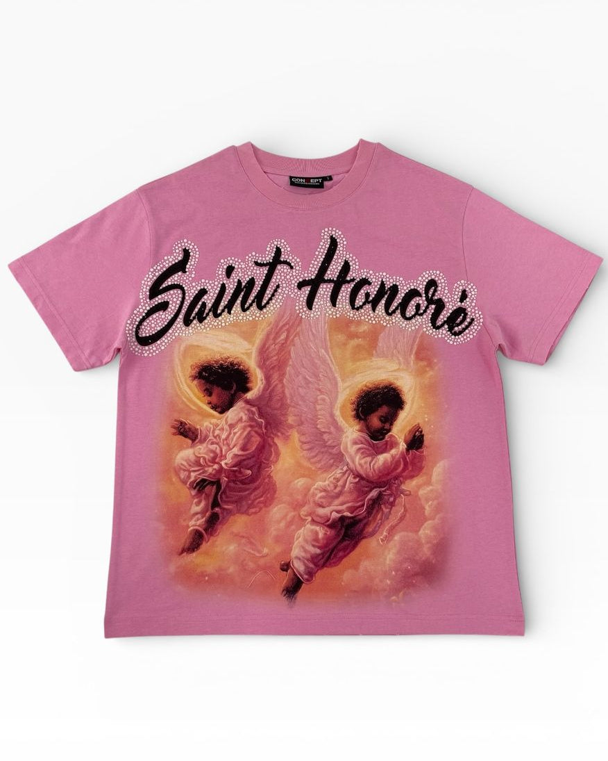 Pink t-shirt with 'Saint Honore' design on a white background