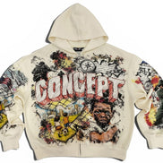 An off-white zip-up hoodie featuring a large, colorful graphic print on the front with the word 'CONCEPT' in distressed red letters, accompanied by a monkey illustration and street art elements. The sleeves also feature detailed multicolor graphics.