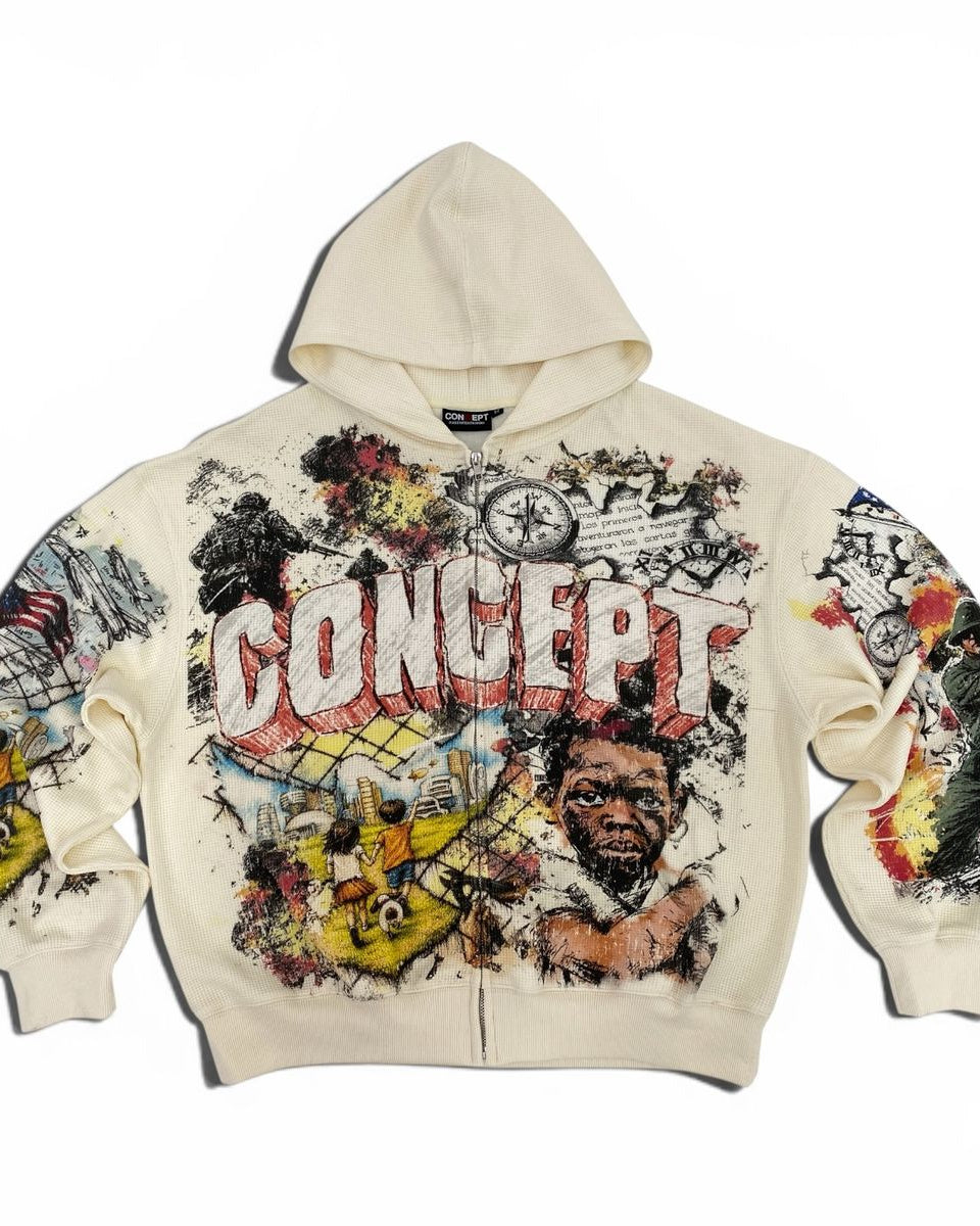 An off-white zip-up hoodie featuring a large, colorful graphic print on the front with the word 'CONCEPT' in distressed red letters, accompanied by a monkey illustration and street art elements. The sleeves also feature detailed multicolor graphics.