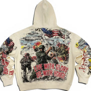 An off-white hooded sweatshirt shown from the back, featuring a large, detailed graphic print with soldiers, American flags, helicopters, and the text 'LIVE WITH GLORY DIE WITH HONOR' on the back, and additional graphics on both sleeves.