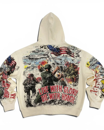 An off-white hooded sweatshirt shown from the back, featuring a large, detailed graphic print with soldiers, American flags, helicopters, and the text 'LIVE WITH GLORY DIE WITH HONOR' on the back, and additional graphics on both sleeves.