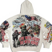 White hoodie with military-themed graphic and text on a white background