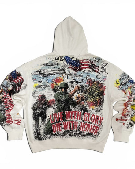 White hoodie with military-themed graphic and text on a white background