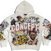 White hoodie with colorful graphic design and 'CONCEPT' text on a white background