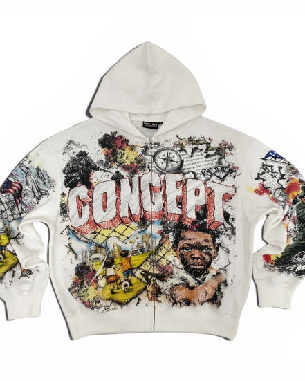 White hoodie with colorful graphic design and 'CONCEPT' text on a white background