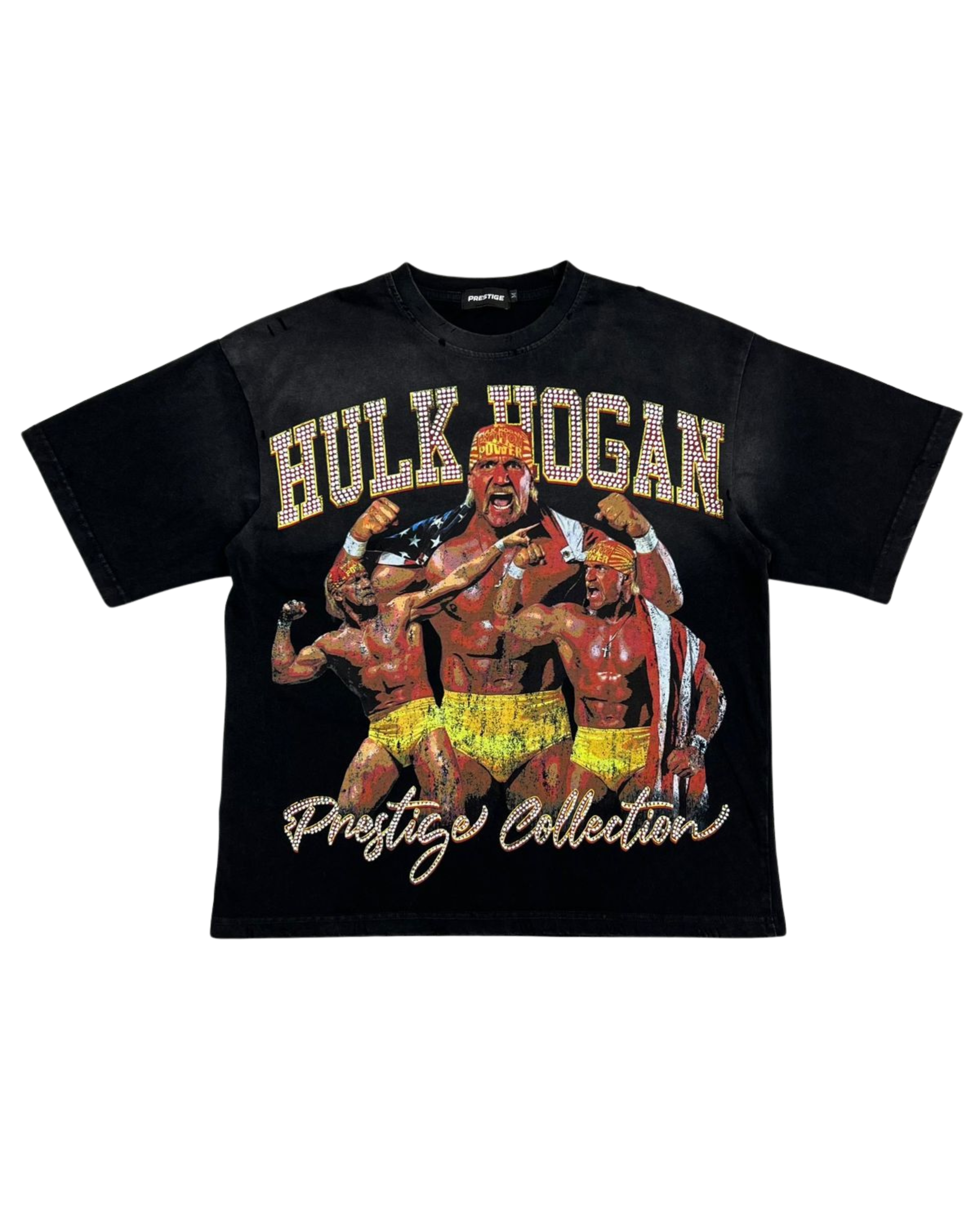 Black t-shirt with Hulk Hogan graphic and text on a white background