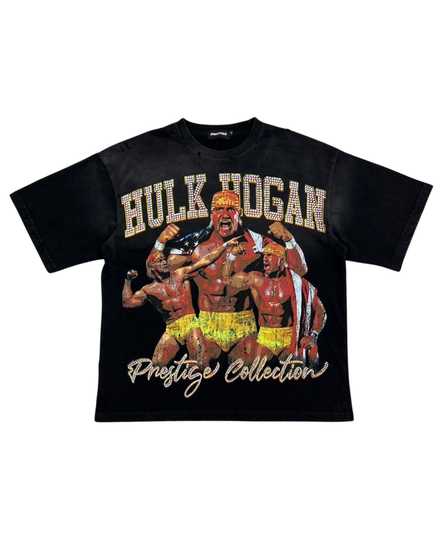 Black t-shirt with Hulk Hogan graphic and text on a white background
