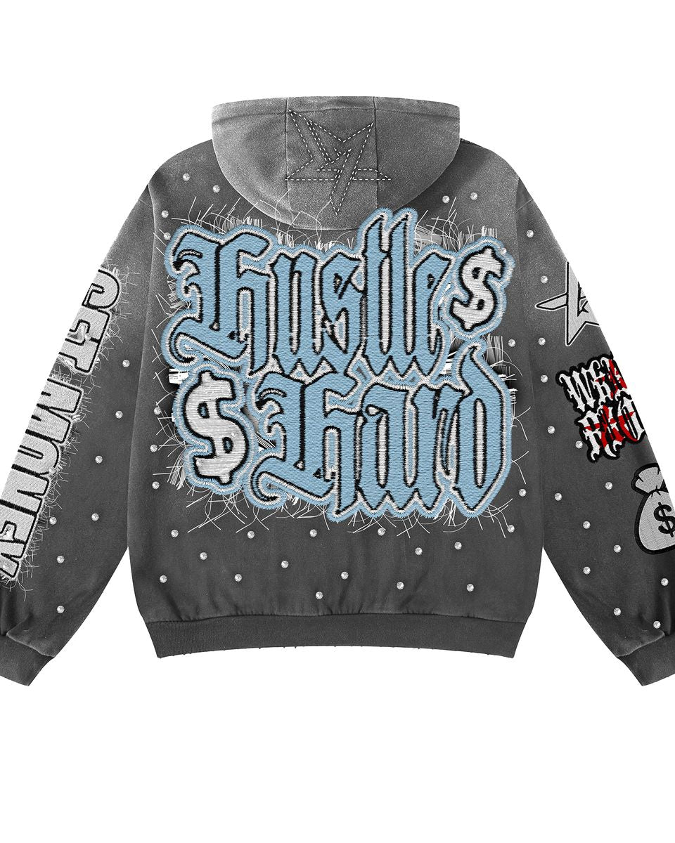 Gray hoodie with 'Hustle Hard' text and various designs on a white background