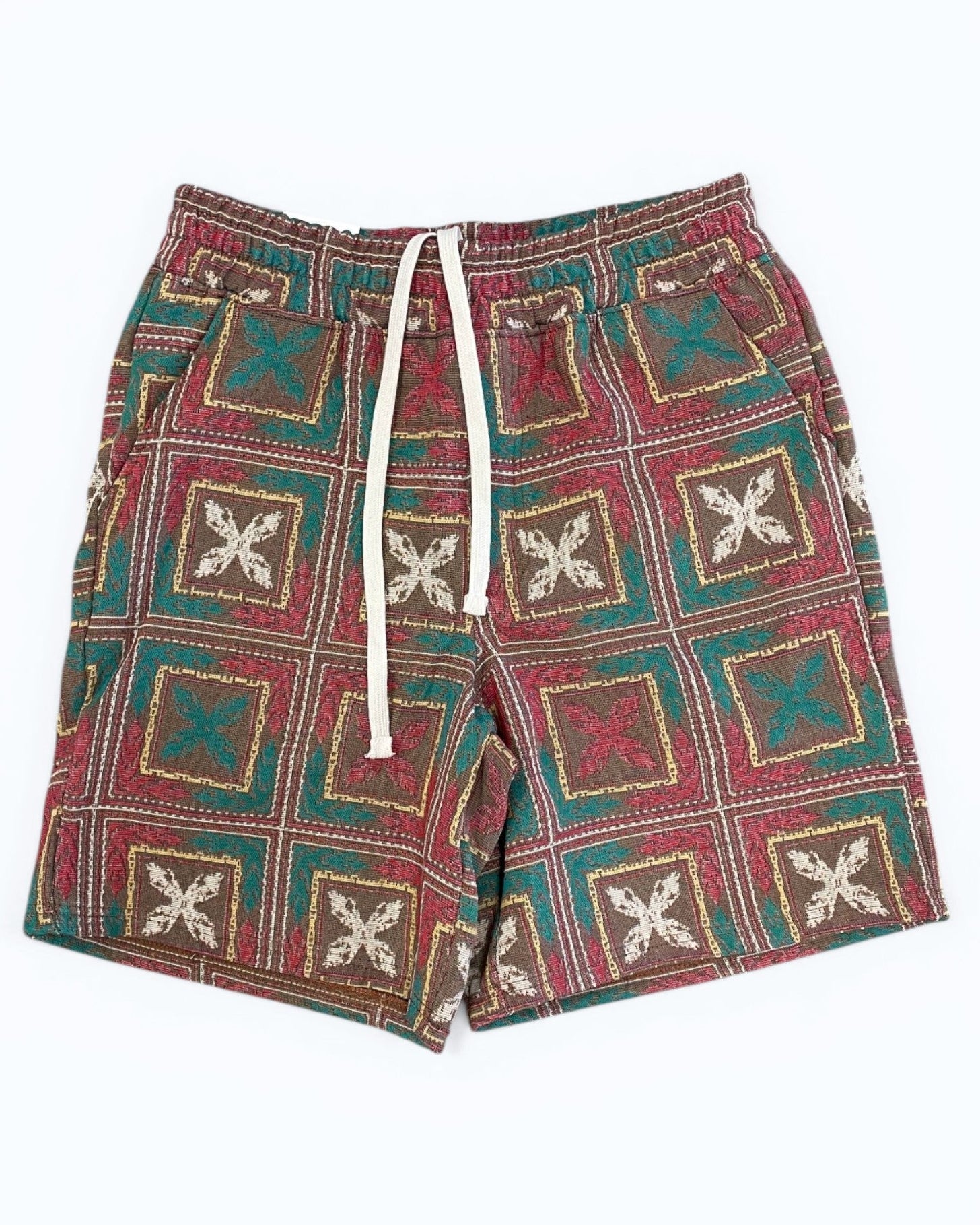 Patterned shorts with a drawstring on a white background