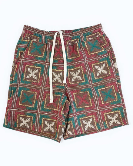 Patterned shorts with a drawstring on a white background