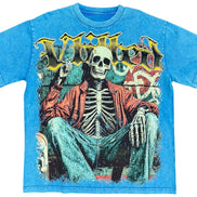 Blue t-shirt with a skeleton graphic and 'Villain' text on a white background